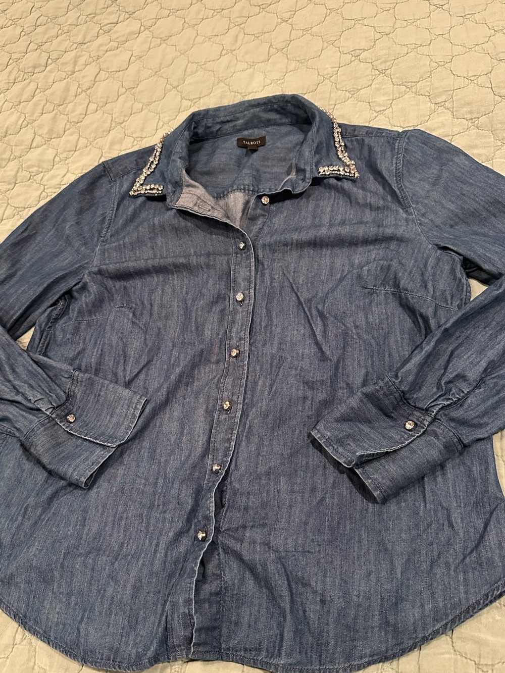Talbots Denim Button-Down Shirt with Beaded Collar - Blue - Picture 10 of 12